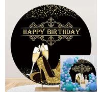Toile de Fond « Joyeux Anniversaire » 200 cm, Talons Hauts dorés, Champagne Scintillant, arrière-Plans photographiques, thème Noir et Or, bannière Ronde pour fête d'anniversaire de Fille