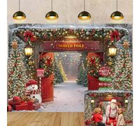 Toile de fond « Joyeux Noël » - Forêt d'hiver - Porte de grange en bois - Pôle Nord - Arbre de Noël enneigé - Pour photographie - Décoration de fête de famille - 208,3 x 150 cm