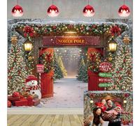 Toile de fond « Merry Christmas » - Forêt d'hiver - Porte de grange en bois - Pôle Nord - Arbre de Noël enneigé - Pour photographie - Décoration de fête de famille - 2,4 x 1,8 m