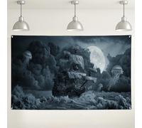 Toile de fond motif bateau de pirate, décoration de fête d'aventure nautique, scène de mer hantée pour événements photographiques, Halloween et célébration d'anniversaire, 180 x 109 cm