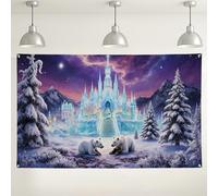 Toile de fond murale au pays des merveilles d'hiver, ours polaire fantastique, château enneigé pour photographie d'événements, vacances et célébrations sur le thème de l'hiver, 180 x 109 cm