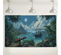 Toile de fond murale avec motif d'aventure nautique, île tropicale, décoration de fête, fond de bateau vue sur l'océan pour événements photographiques, réunions d'été en plein air, 180 x 109 cm