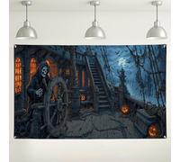 Toile de fond murale bateau hanté, décorations effrayantes sur le thème des pirates pour fêtes d'Halloween, scène de l'océan foncé, fond de photographie pour événements 180 x 109 cm