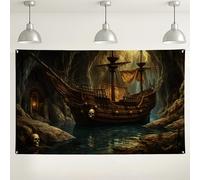 Toile de fond murale bateau pirate, décorations sur le thème de l'aventure nautique sombre, scène océanique mystérieuse pour photographie, fournitures de fête, fond d'Halloween intérieur/extérieur 180
