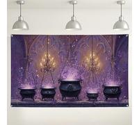 Toile de fond murale chaudron mystique, potion enchantée décorations de fête, fond fantaisie violet pour fournitures de photomaton d'Halloween, 180 x 109 cm
