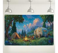 Toile de fond murale de camping, scène naturelle, décorations d'extérieur rustiques, forêt et feu de camp, arrière-plan pour photographie pour fêtes et événements, 180 x 109 cm