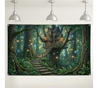 Toile de fond murale de forêt enchantée, cabane dans un arbre vintage pour photographie de la nature, fond de conte de fées vert, décoration de fête intérieur/extérieur pour célébrations et événements