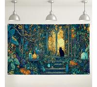 Toile de fond murale de jardin mystique, décorations de fête sur le thème de la forêt enchantée, chat et lanternes, fond de photographie pour événements d'Halloween, 180 x 109 cm