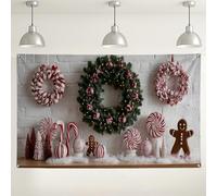 Toile de fond murale de Noël en sucre d'orge, décoration d'hiver festive pour fêtes de vacances, pain d'épices et couronne, arrière-plan de photographie intérieur/extérieur 180 x 109 cm