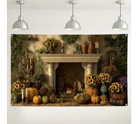 Toile de fond murale de récolte d'automne, décoration d'automne rustique pour photographie, fond de cheminée confortable avec citrouilles et tournesols pour fête de Thanksgiving, 180 x 109 cm