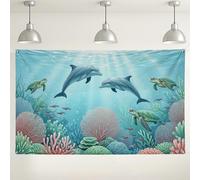 Toile de fond murale en forme de dauphin sous-marin, corail - Décoration de scène océanique colorée - Pour fêtes et événements - 180 x 109 cm