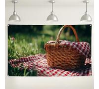 Toile de fond murale en forme de panier de pique-nique, motif rustique à carreaux, décorations de fête, fond photo extérieur vintage pour rassemblements et célébrations 180 x 109 cm