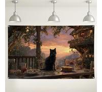 Toile de fond murale fantaisie chat coucher de soleil, forêt enchantée, décoration de fête confortable, arrière-plan de photographie intérieur/extérieur pour rassemblements d'automne 180 x 109 cm