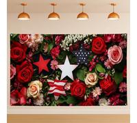 Toile de fond murale florale patriotique, jardin de roses rustiques, toile de fond décorative pour fête, motif étoiles américaines, intérieur/extérieur, 180 x 109 cm