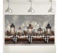 Toile de fond murale lanterne d'hiver, pommes de pin rustiques et scène enneigée, décoration d'intérieur et d'extérieur confortable pour fêtes de fin d'année, 180 x 109 cm