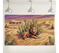 Toile de fond murale lion du désert, paysage de cactus pour décorations de fête sur le thème du safari, fond de photographie couleur chaude pour événements et célébrations 180 x 109 cm