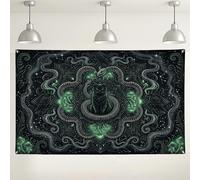 Toile de fond murale motif chat mandala, serpent vert gothique, décoration artistique, arrière-plan de photographie intérieur/extérieur pour Halloween, fournitures de cabine de fête, 180 x 109 cm