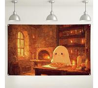 Toile de fond murale motif pizza fantôme mignon, décoration de cuisine de dessin animé, arrière-plan de photographie de fête amusante pour célébrations et événements, 180 x 109 cm