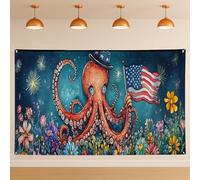Toile de fond murale patriotique en forme de pieuvre - Décoration de fête vintage Americana - Pour intérieur/extérieur - Pour célébrations florales du 4 juillet - 180 x 109 cm