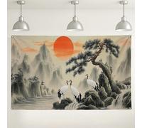 Toile de fond murale paysage de grues et de pin, style traditionnel asiatique de l'Est, fond photo panoramique pour décoration d'intérieur, décorations de festival de printemps et d'été, 180 x 100 cm