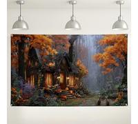 Toile de fond murale pour chalet d'automne, décoration paysagère boisée confortable pour les célébrations d'automne et d'Halloween, toile de fond pour photographie enchantée pour événements