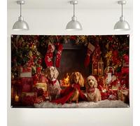 Toile de fond murale pour chiens de Noël, portraits d'animaux festifs, décorations de vacances, arrière-plan confortable pour intérieur/extérieur pour photographie de fête, 180 x 109 cm