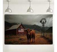 Toile de fond murale rustique de ferme, décoration de paysage de grange vintage, vache marron et vinification pour événements d'intérieur/extérieur, 180 x 109 cm
