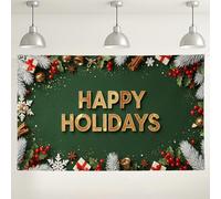 Toile de fond murale verte Happy Holidays - Décoration d'hiver festive pour fête de Noël - Fond photo de vacances avec flocons de neige et cloches - 180 x 109 cm