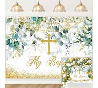 Toile de fond « My Baptême » pour première communion, arrière-plan de fête avec feuilles vertes, couronne, baptême, croix dorée, dieu bénédiction, fille, rose, floral, baptême, nouveau-né, fête
