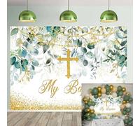 Toile de fond « My Baptême » pour première communion, fête, feuilles vertes, couronne, baptême, croix dorée, dieu bénédiction, fille, rose, floral, baptême, nouveau-né, fête prénatale, accessoires de