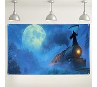 Toile de fond mystérieuse nuit de train, décorations de fête d'Halloween effrayantes, scène au clair de lune étrange, fond de photographie pour événements hantés 180 x 100 cm