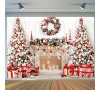 Toile de Fond Noël 2.1x1.5m - Cheminée Blanc Rouge, Arbre de Noël, Fond Photographique pour Famille, Enfants, Hiver, Vacances, Nouvel An - Décorations Fête, Bannière, Photo Booth Props