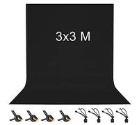 Toile de Fond Noir 3X3M avec 8 Clips Anti-Plis, Vevelux Écran Noir 100% Polyester Pliable Lavable Durable pour Photographie, Vidéo, Camera, Photo, Prise de Vue Vidéo