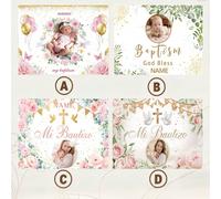 Toile de fond personnalisable avec photo et nom pour ma première communion sainte, thème du baptême, paillettes dorées, fleurs roses, décoration de croix dorée. Convient pour les anniversaires, mariag