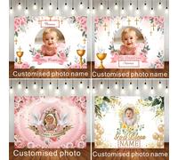 Toile de fond personnalisable, thème de ma première communion sainte, paillettes dorées, roses roses, décor de croix et de calice dorés, convient pour l'anniversaire, le mariage, la baby shower et d'a