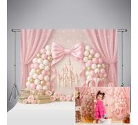 Toile de Fond Photographique Kate Pink Castle 6.5x6.5ft/2x2m Fond de fête avec château Ballons nœud et carrosse Bannière pour Le 1er Anniversaire des Filles Portrait Fond Cake Smash Studio Photo