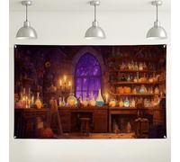 Toile de fond pour boutique de potions magiques, décoration fantastique enchantée pour fête d'Halloween, fond de photographie sur le thème de la sorcière, fournitures d'événement intérieur/extérieur