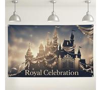 Toile de fond pour célébration du château royal, fond décoratif élégant sur le thème des contes de fées, doré et bleu marine, photographie d'intérieur/extérieur pour fêtes et événements, 180 x 109 cm