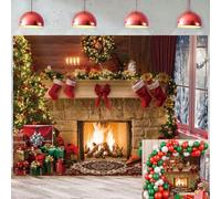Toile de fond pour cheminée de Noël, guirlande d'arbre de Noël, flocon de neige, bas de Père Noël, fenêtre d'hiver, fond de photographie, fond de Noël, famille, Nouvel An, décoration de fête (2,1 x