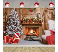 Toile de fond pour cheminée de Noël, sapins de Noël, cadeaux arrière-plan pour photographie pour Noël, famille, vacances, fête, fournitures de décoration, 2,44 x 1,83 m