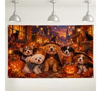 Toile de fond pour chiot citrouilles d'Halloween 180,3 x 109,2 cm | Scène de village d'automne, toile de fond pour photographie, citrouilles lumineuses, costumes d'animaux fantaisie