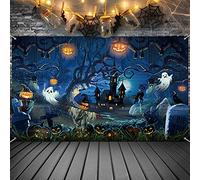 Toile de Fond pour Décoration d'halloween Toile de Fond de Cimetière Citrouilles Horreur Forêt Effrayante Bannière de Maison Hantée Arrière-Plan de Photographie pour Adultes, 185 x 110 cm