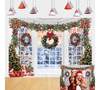 Toile de fond pour fenêtre de Noël, scène de forêt enneigée, arbre de Noël, bonhomme de neige, fond de photographie de Noël, Nouvel An, accessoires photo (210 x 150 cm)
