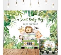 Toile de Fond pour fête prénatale Motif Animaux de la Jungle A Sweet Baby Boy is on His Way pour Photographie de garçon Baby Shower Photoshoot Wild Zoo Party Feuilles Vertes Décoration 2,4 x 1,8 m