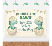 Toile de fond pour fête prénatale Motif jumeaux dinosaures Double The Rawr! Bannière de fond pour fête prénatale Motif deux petits bébés sur le chemin Décoration de fête prénatale 1,5 x 0,9 m