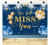 Toile de fond pour fête « We Will Miss You », bannière bleue et dorée pour remise de diplôme, départ à la retraite