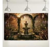 Toile de fond pour fontaine de jardin, décoration sur le thème de la nature enchantée, fond rustique vert et violet pour photographie, fond pour événements, fournitures de fête de printemps et d'été