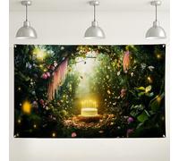 Toile de fond pour gâteau d'anniversaire de la forêt enchantée, décoration de fête de conte de fées, fond photo magique intérieur/extérieur pour célébrations, événements printemps/été, 180 x 109 cm