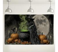 Toile de fond pour Halloween, chaudron effrayant et citrouille, fond à thème noir et vert pour événements photographiques, 180 x 109 cm