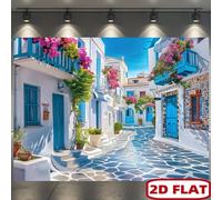 Toile de fond pour mariage grec, décoration de fête méditerranéenne avec porte bleue et balcon fleuri, sans alimentation électrique nécessaire, facile à accrocher, en tissu de polyester durable, convi